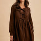 BOW TIE CORDUROY MINI DRESS: OLIVE / S