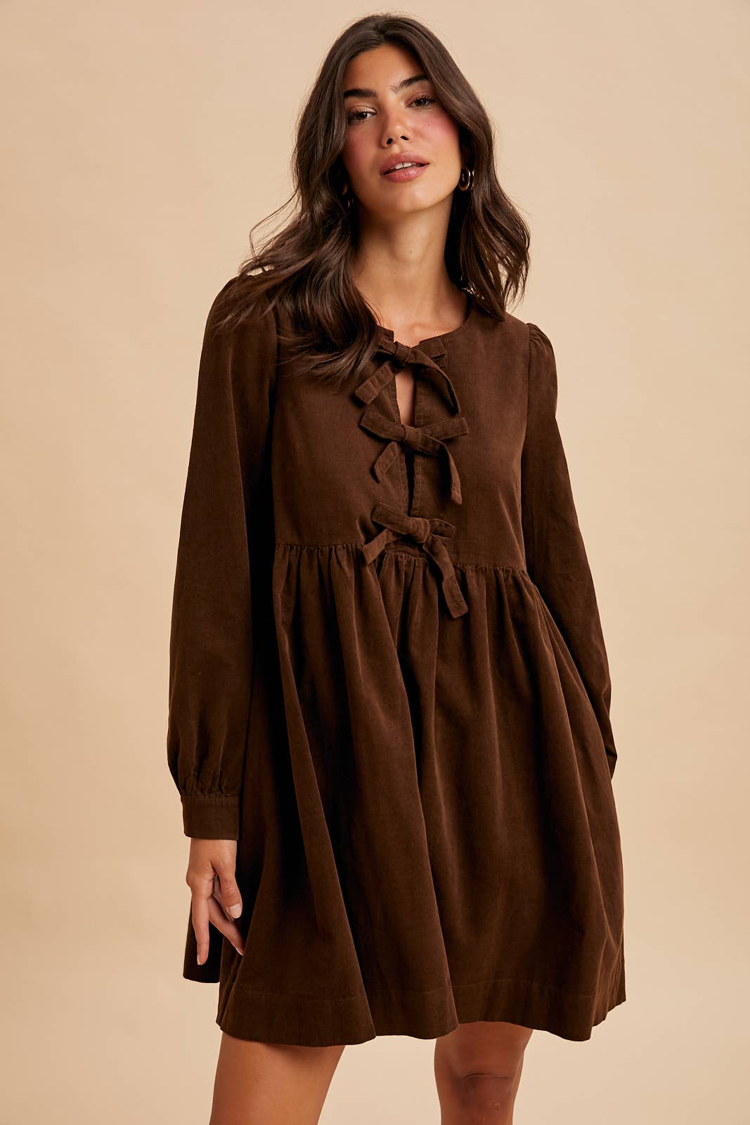 BOW TIE CORDUROY MINI DRESS: OLIVE / S