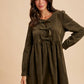 BOW TIE CORDUROY MINI DRESS: OLIVE / S