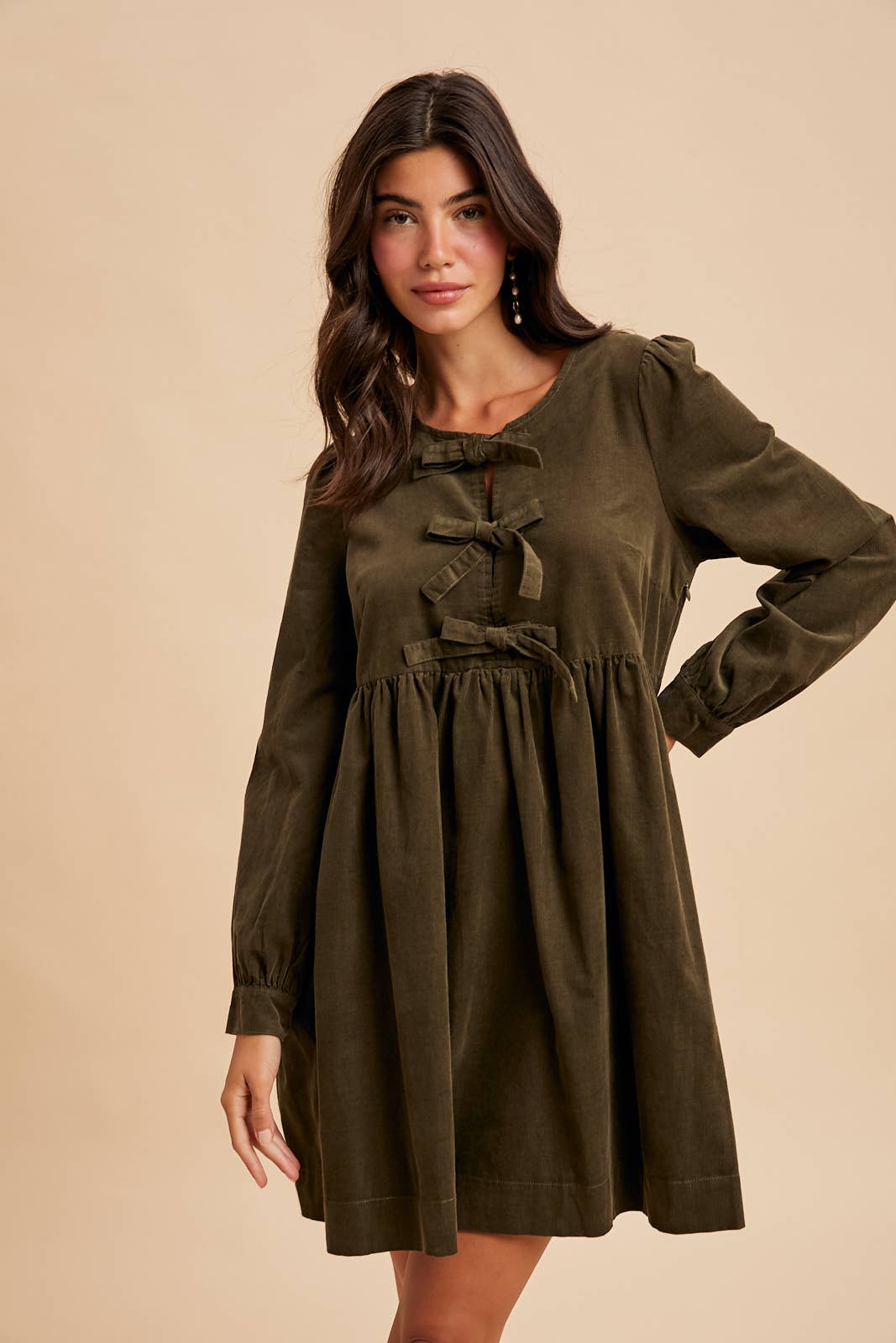 BOW TIE CORDUROY MINI DRESS: OLIVE / S
