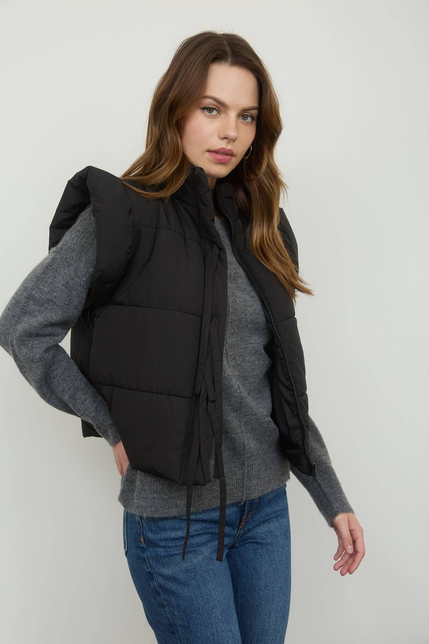 Black Flutter Bow Puffer Vest
