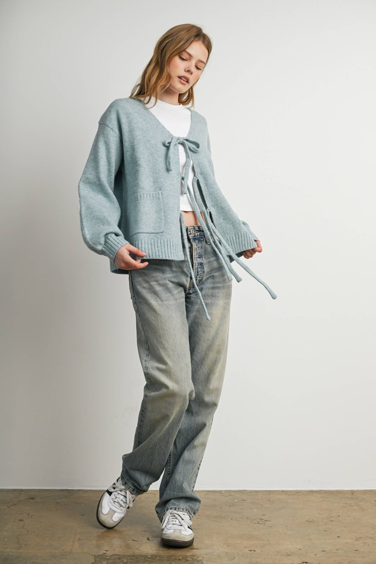 Knot Front Long Sleeve V-Neck Cardigan - BMC7914: TAUPE / S