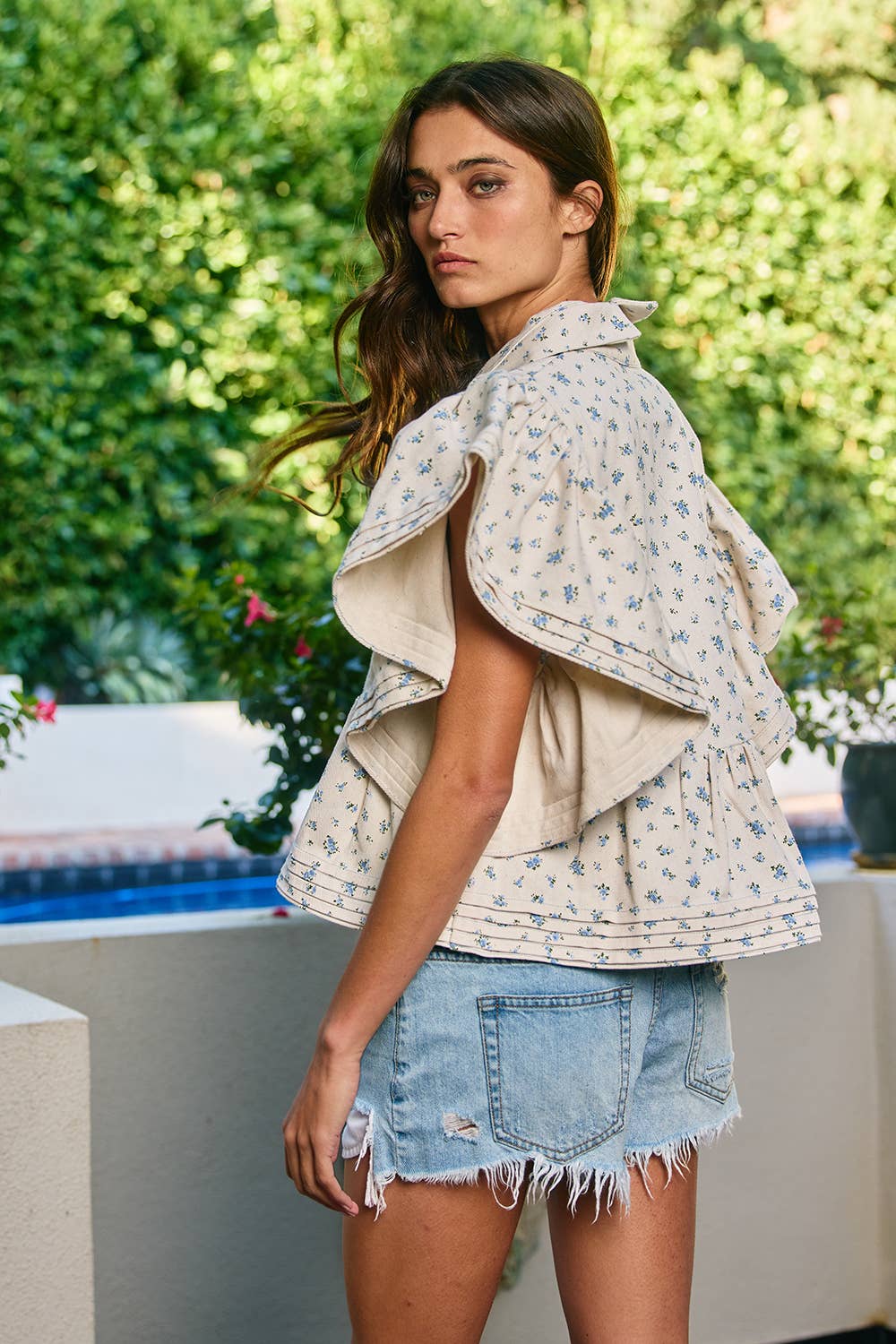 IT2337F | Ruffle Sleeves Pintuck Detail Floral Print Top: SAND/BLUE / S-M-L (2-2-2)