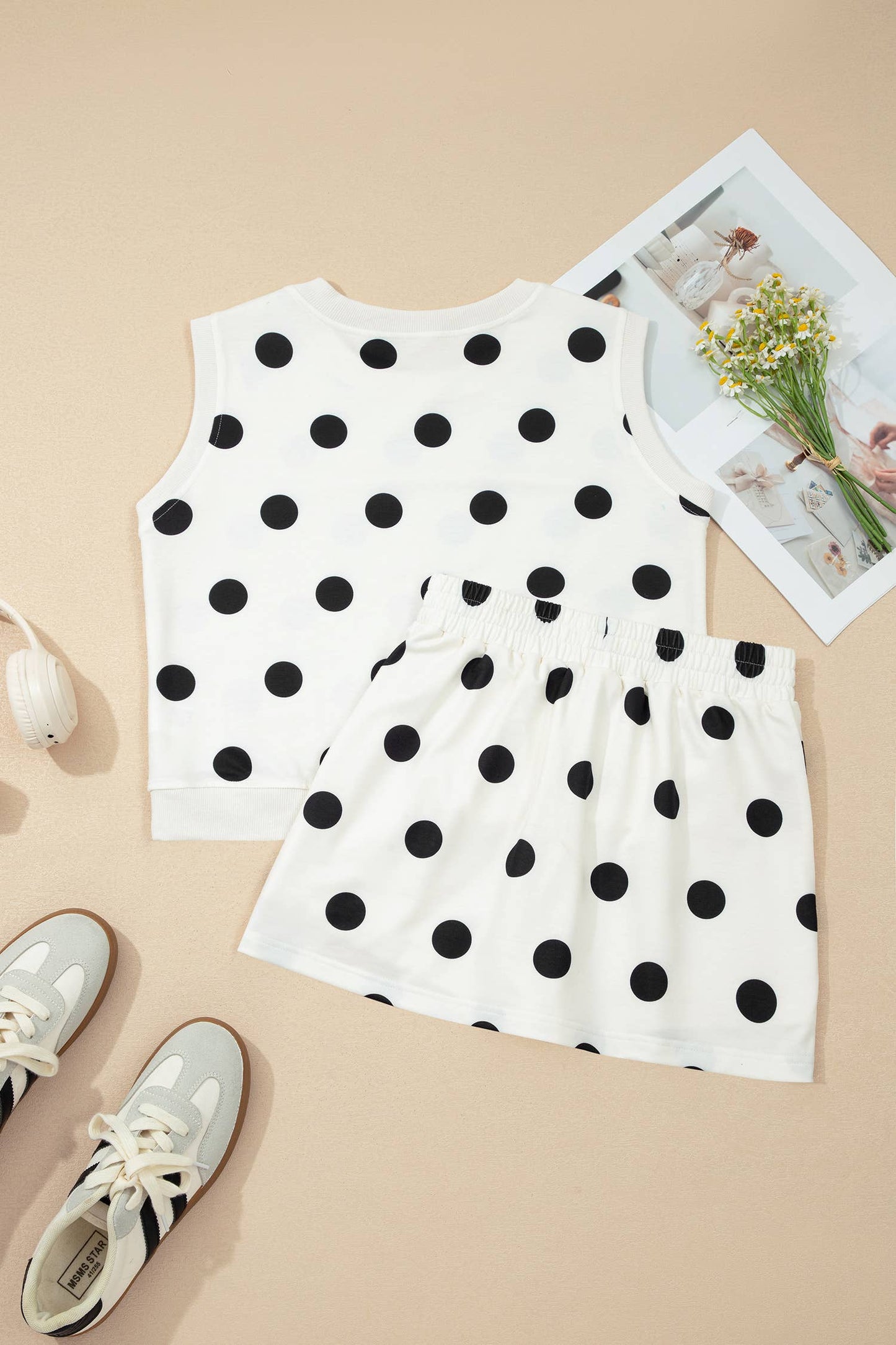 LAS Ribbed Trim Polka Dot Tank Split Mini Skort Set(S-4X): Pink / Missy / M