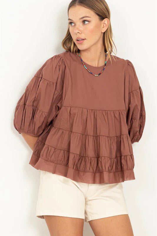 Elbow Sleeve Tiered Top
