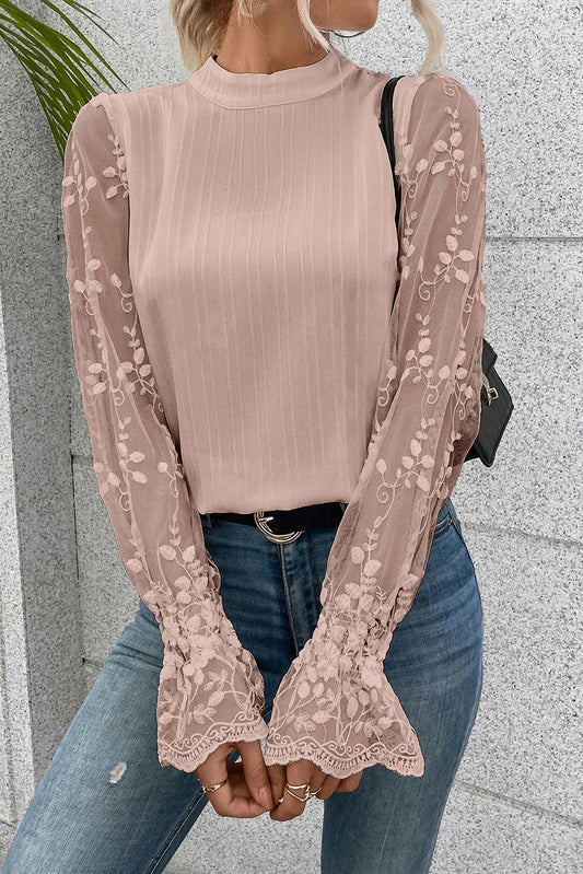 Pink Lace Sleeve Textured Blouse