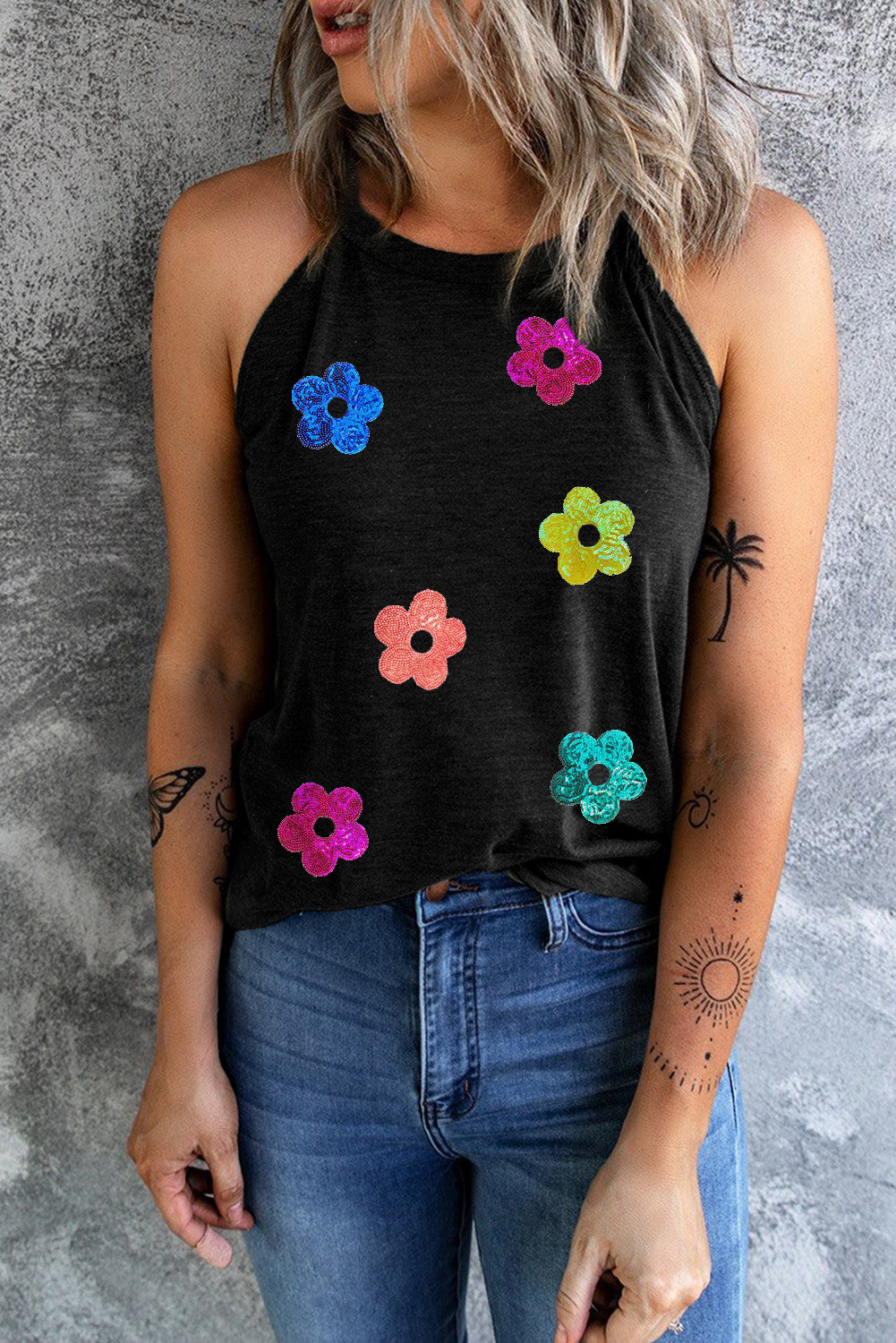 Black Sequin Flower Tank