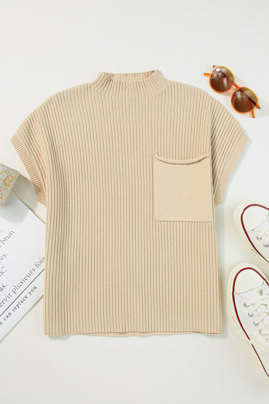Oatmeal Ribbed Knit Short Sleeve Sweater