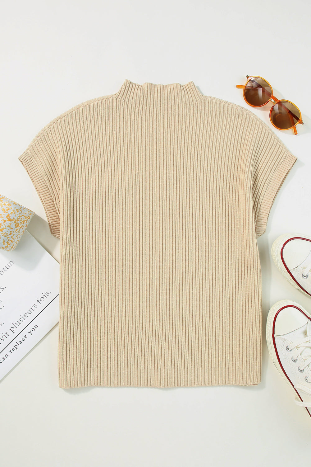 Oatmeal Ribbed Knit Short Sleeve Sweater