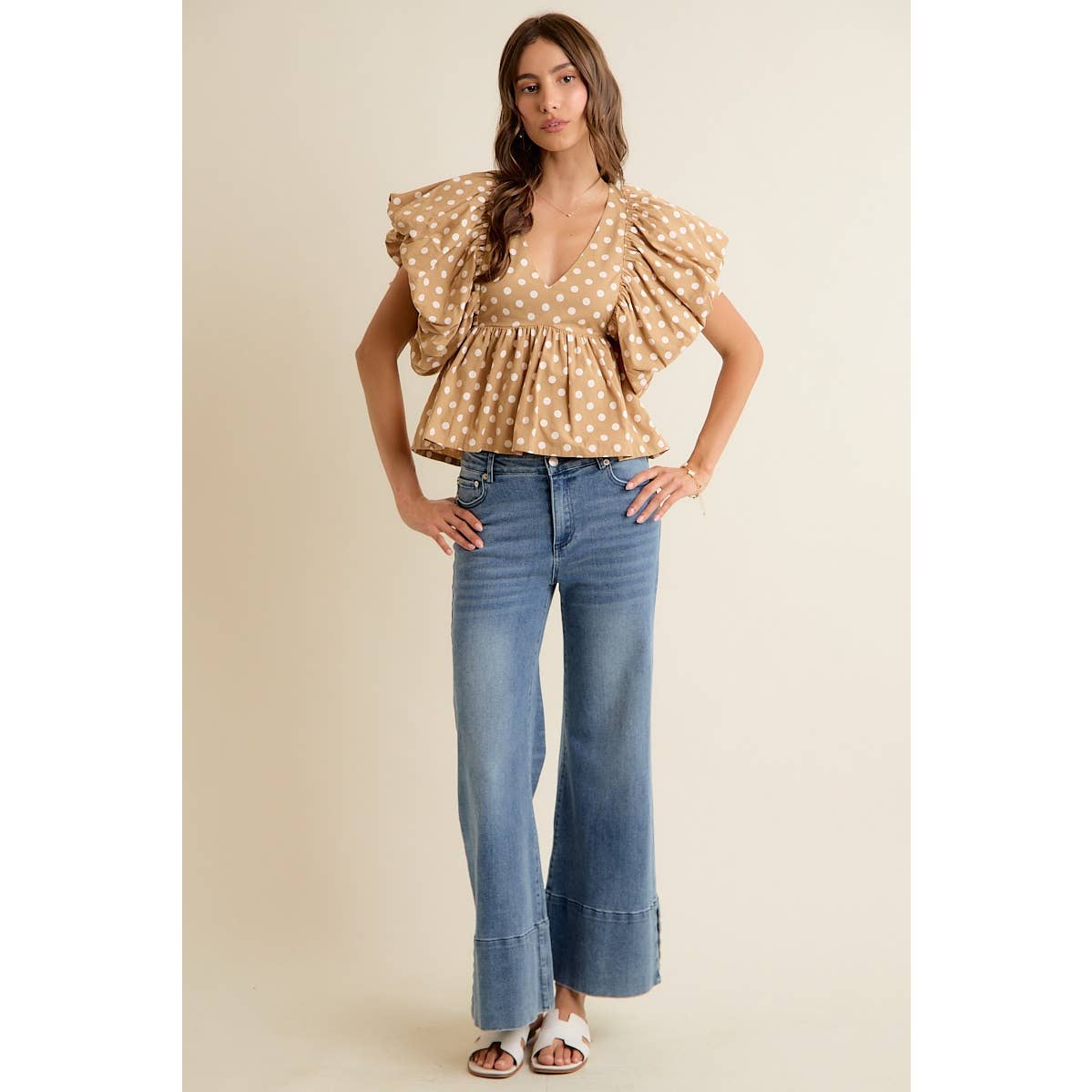 POLKA DOT BUBBLE SLEEVES BACK SMOCKED LINED BLOUSE TOP: BEIGE/WHITE / L