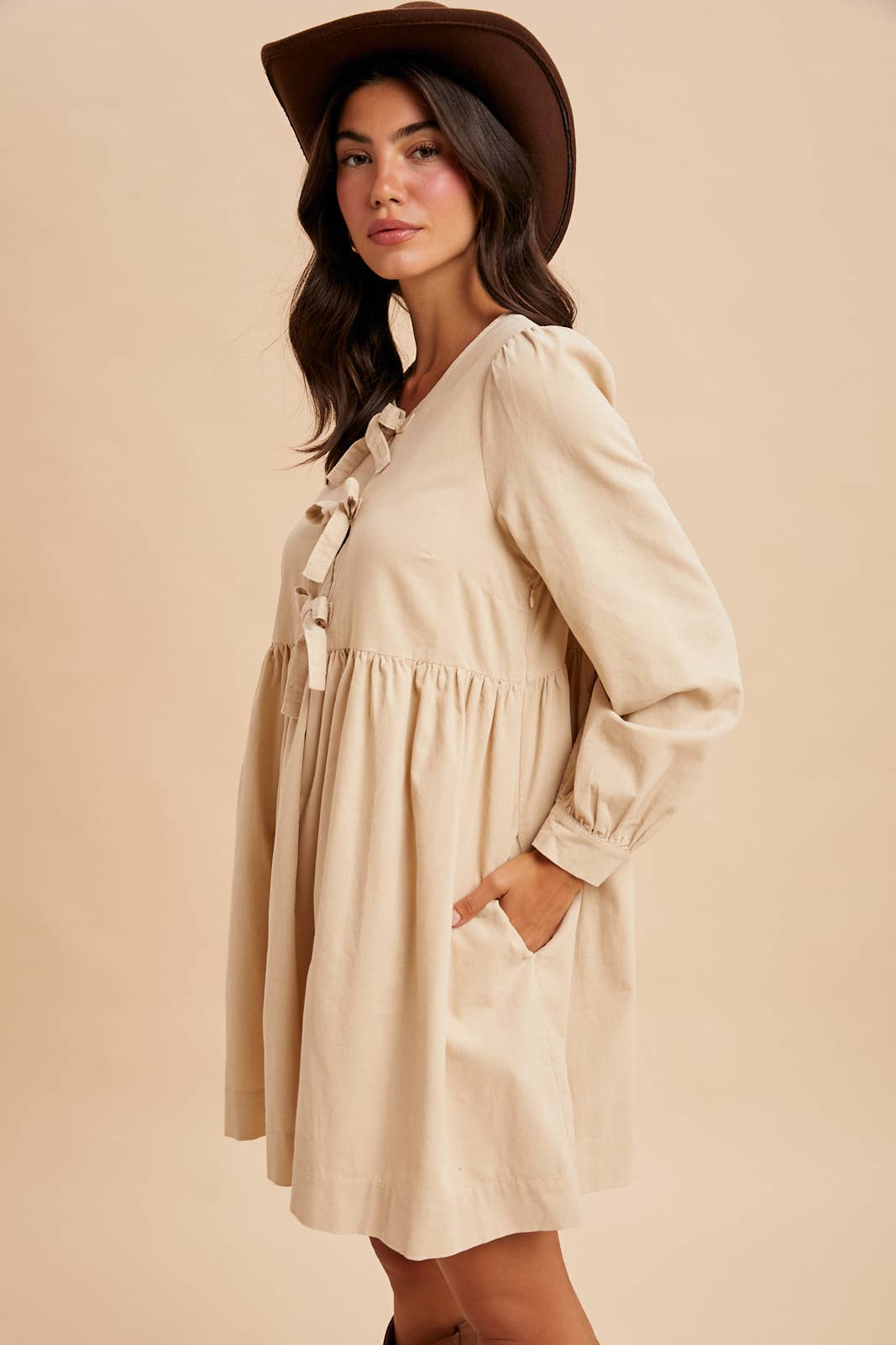 BOW TIE CORDUROY MINI DRESS: OLIVE / S