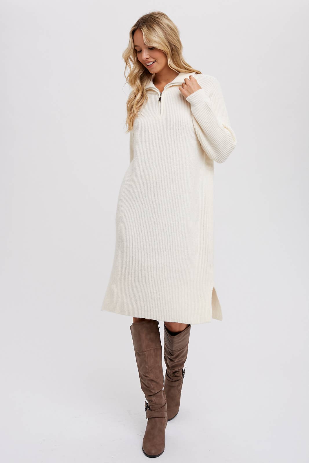 Cream Quarter-Zip Dress