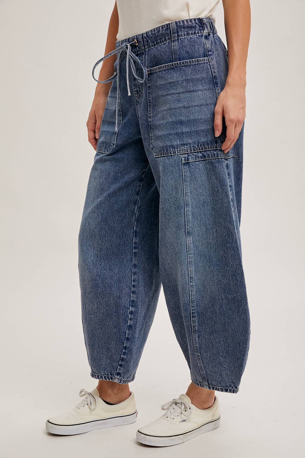 DENIM MID-WAIST DRAWSTRINGS BARREL JEANS: LT.WASH / S