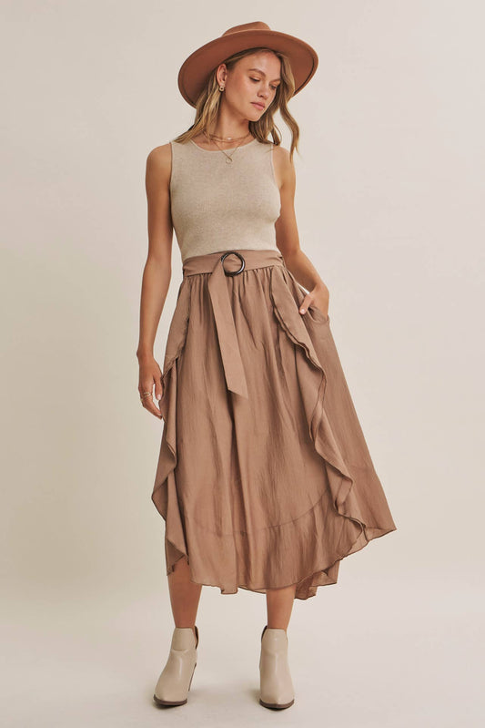 RUSTIC WEEKEND TWOFER MAXI DRESS WITH CASCADING RUFFLES: COCONUT BROWN / S