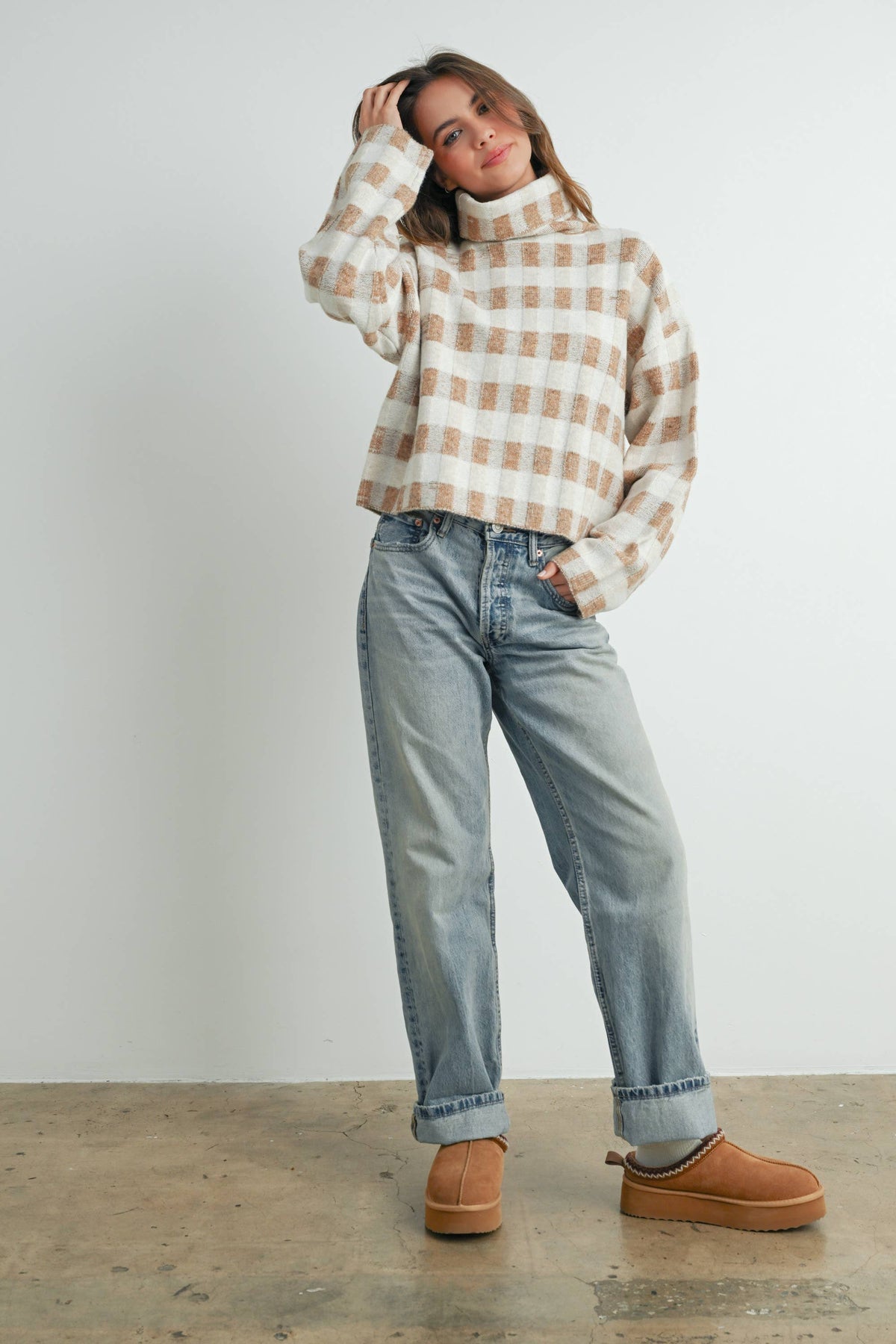 Fall Check Turtleneck Sweater - BMW7532: TAUPE MULTI / M