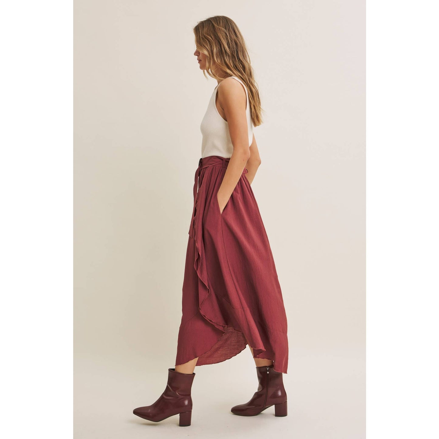 RUSTIC WEEKEND TWOFER MAXI DRESS WITH CASCADING RUFFLES: COCONUT BROWN / S
