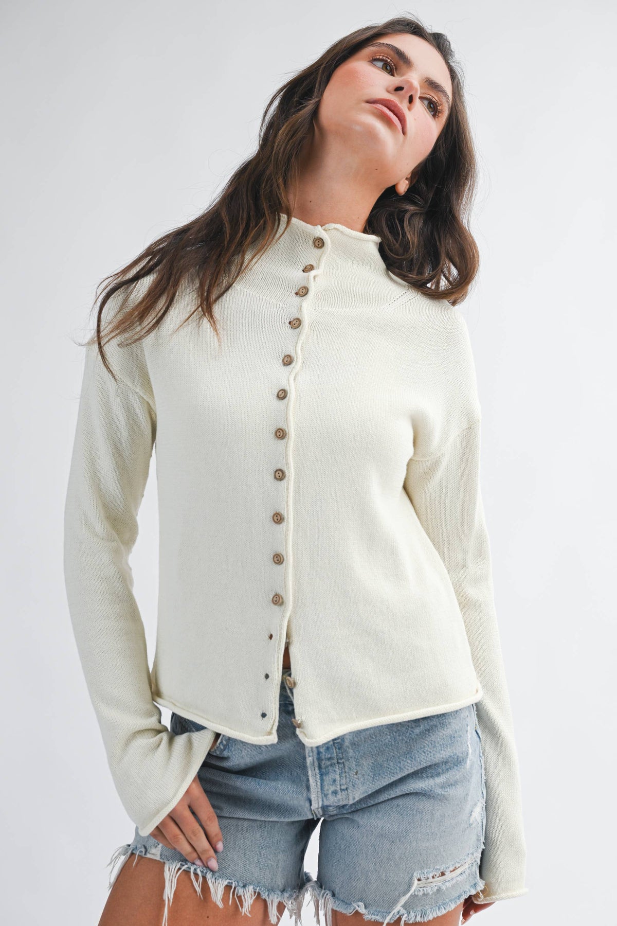 5221HK Button Front Cropped Knit Cardigan: Pink / Contemporary / M
