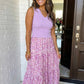 LAS V Neck Ribbed Bodice Floral Tiered Dress (S-XL): Purple / Missy / L
