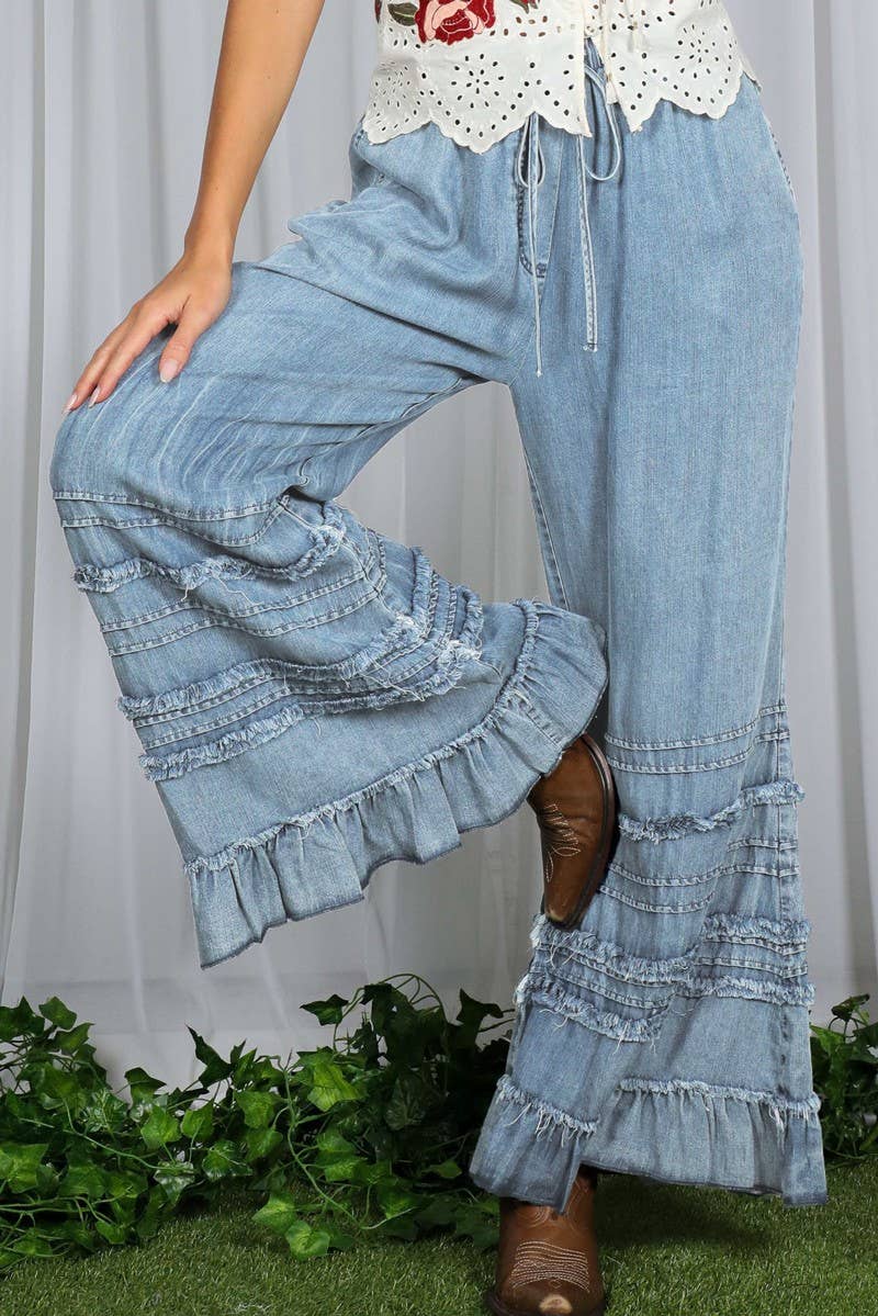 Light Denim Ruffle Pants