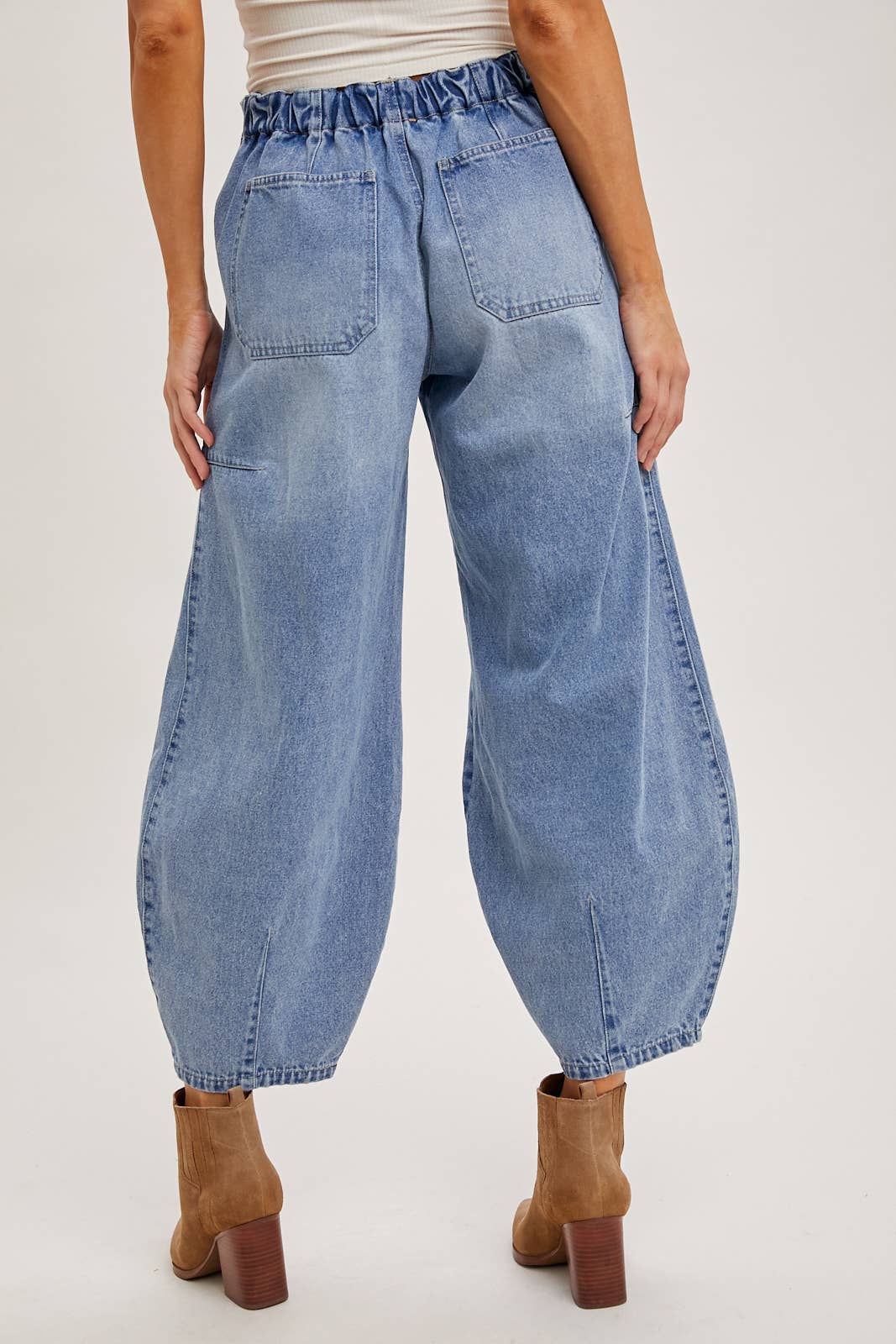 DENIM MID-WAIST DRAWSTRINGS BARREL JEANS: LT.WASH / S