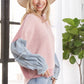 LESW3192 - FRAYED DENIM SLEEVE SWEATER TOP: BLUSH / S-M-L(2-2-2)