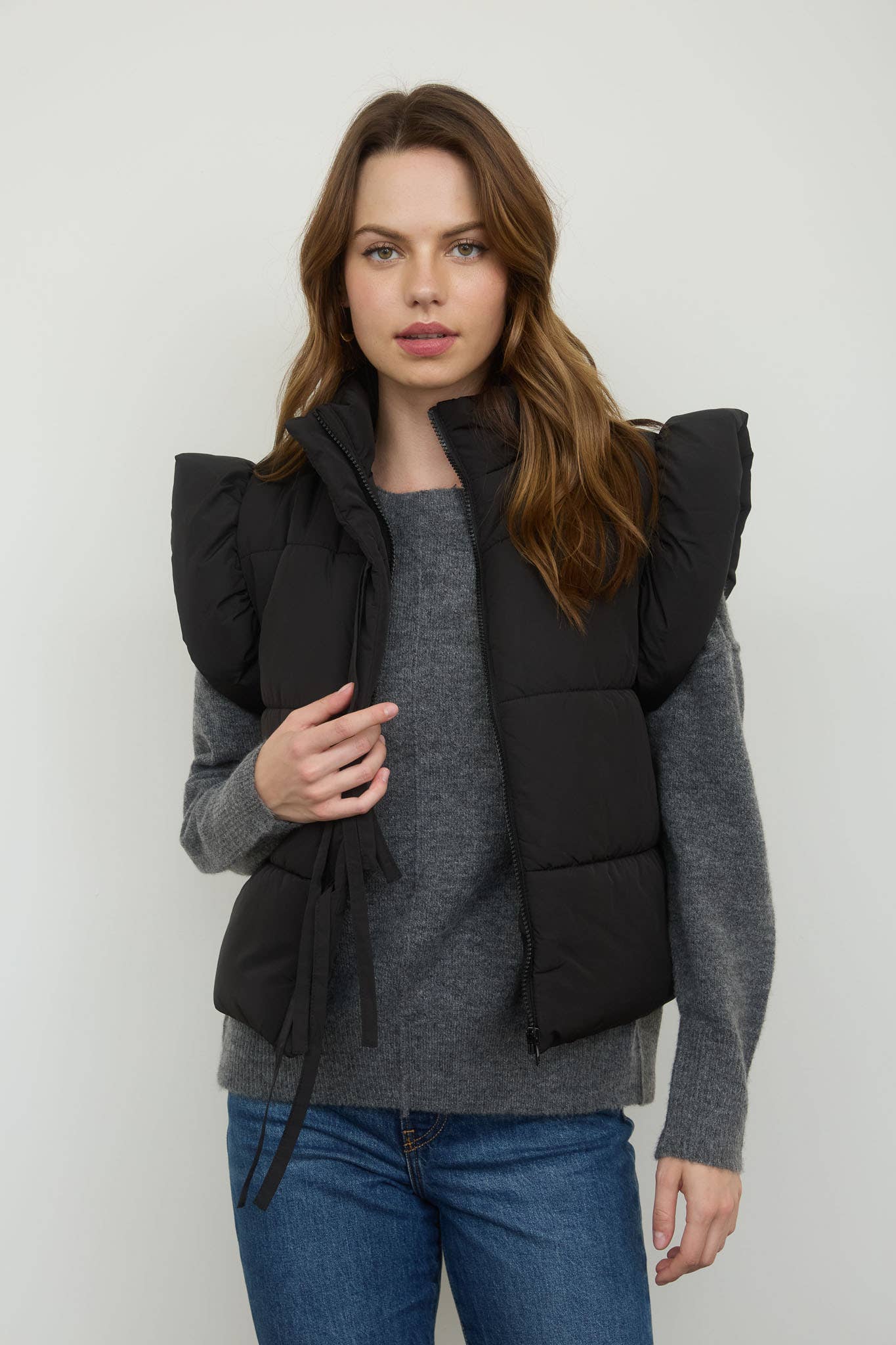 Black Flutter Bow Puffer Vest