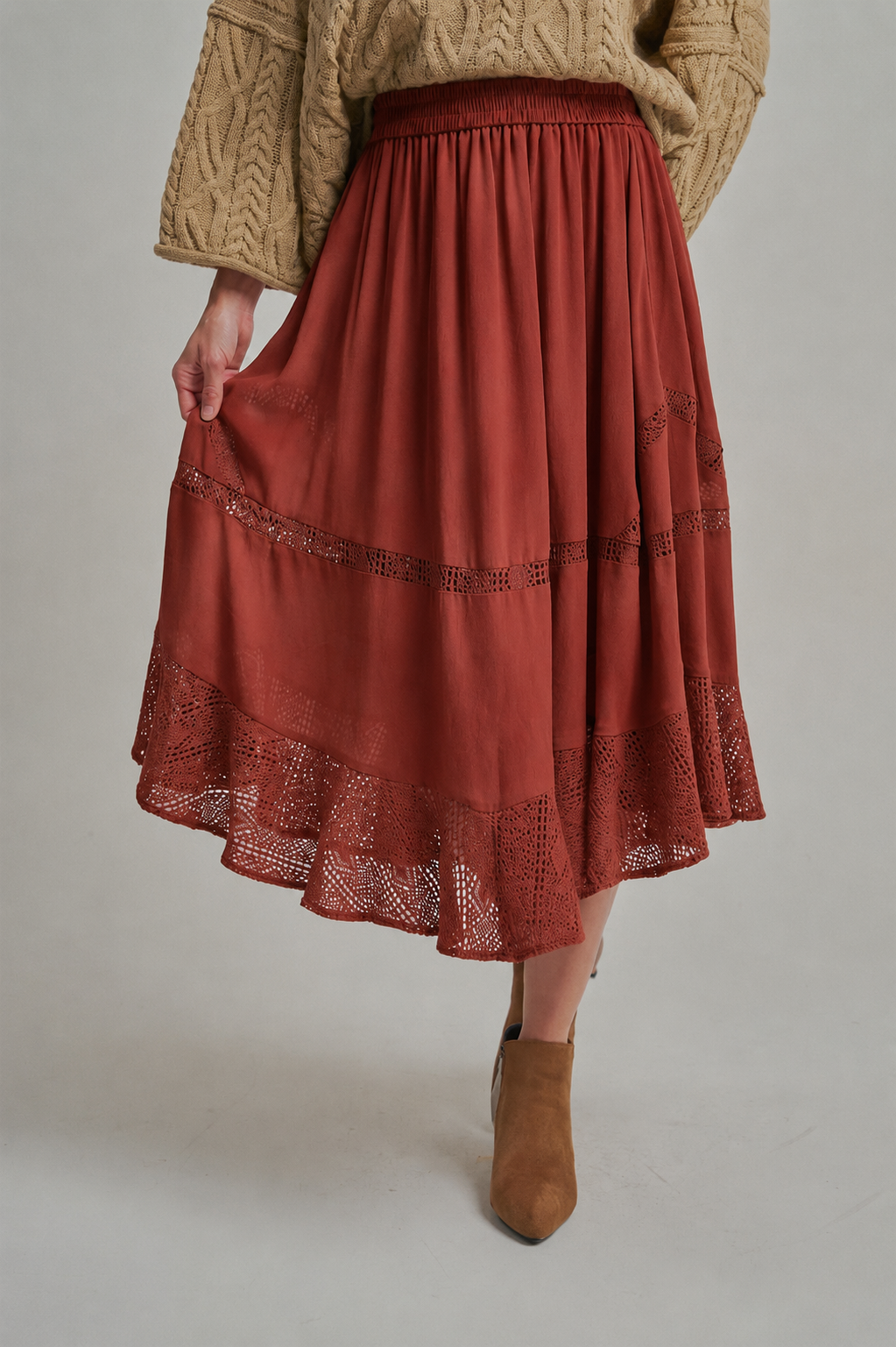 CRINKLED WOVEN BOHO MIDI SKIRT _JLB80101-01: OLIVE / S-M-L(2-2-2)