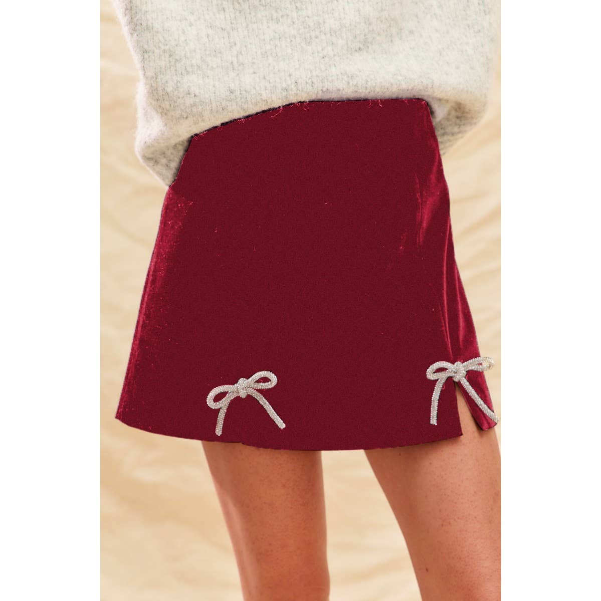 CHRISTMAS RHINESTONE RIBBON TRIM HOLIDAY VELVET MINI SKIRT: PINK / S