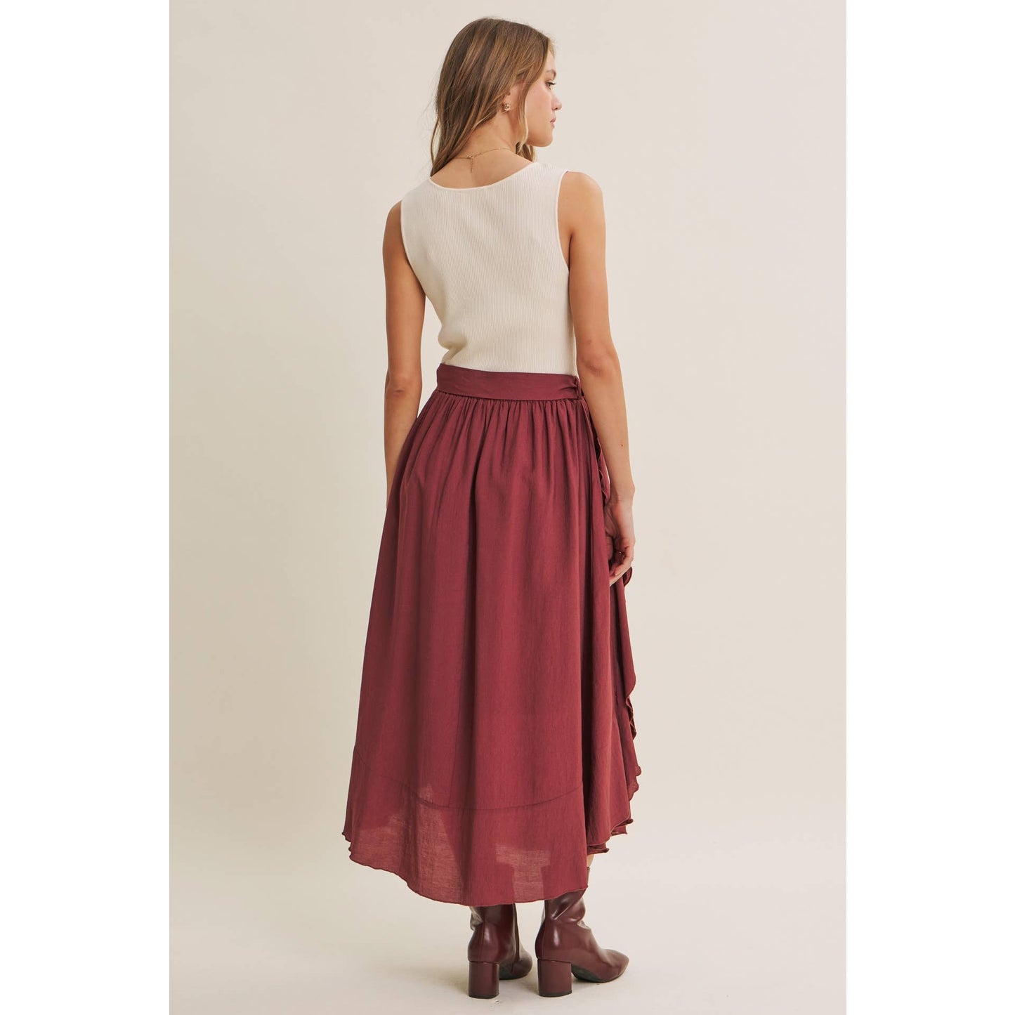 RUSTIC WEEKEND TWOFER MAXI DRESS WITH CASCADING RUFFLES: COCONUT BROWN / S