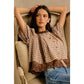 COTTON CHECK LACE TRIM FLUTTER SLEEVES BLOUSE TOP: BROWN / L