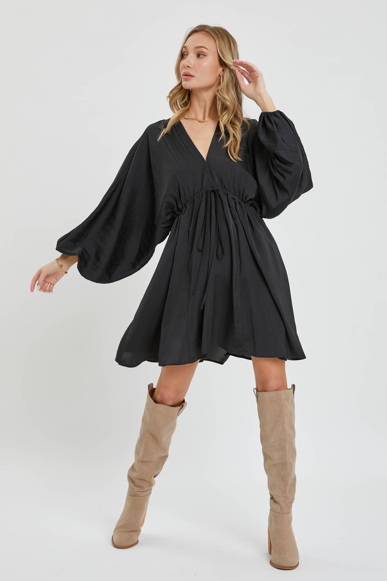 Black Satin V Neck Dress