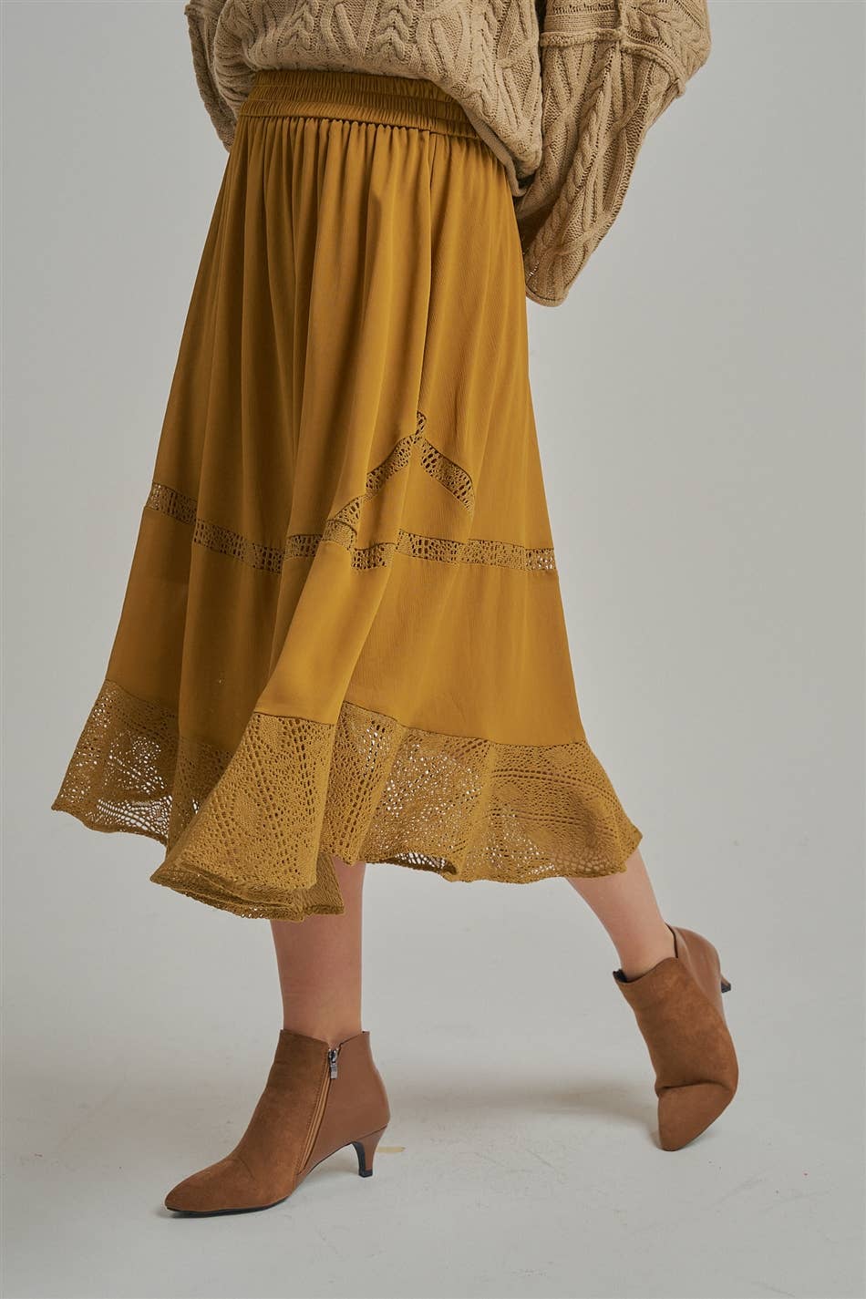CRINKLED WOVEN BOHO MIDI SKIRT _JLB80101-01: OLIVE / S-M-L(2-2-2)