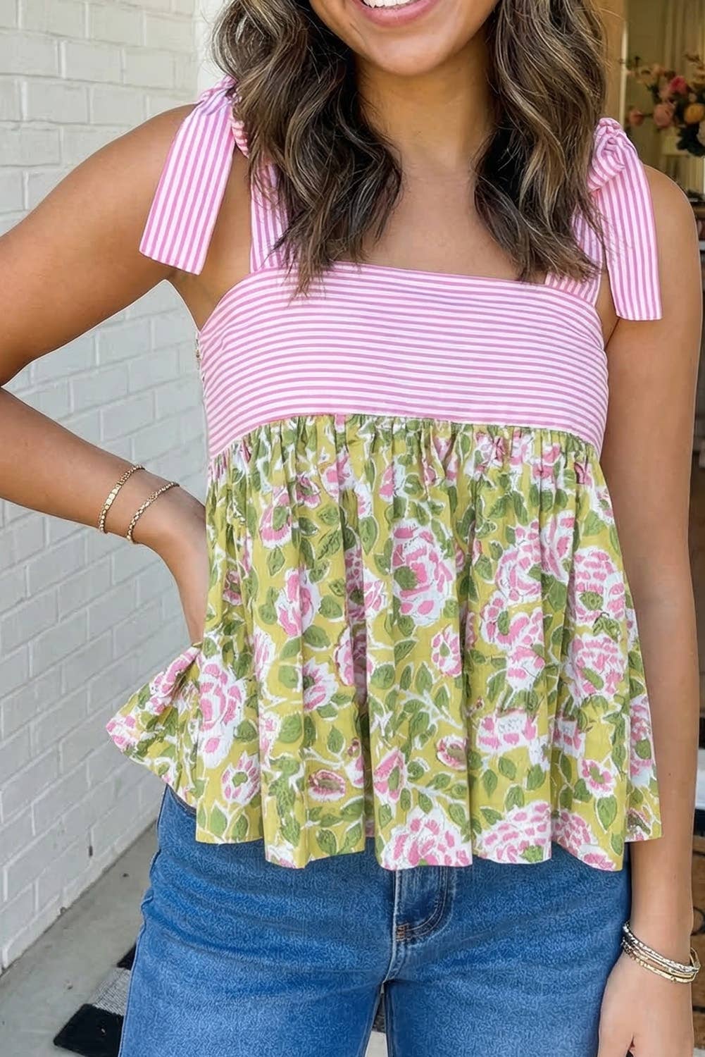 LAS Floral Printed Knot Straps Babydoll Tank Top (S-XL): Green / Missy / XL