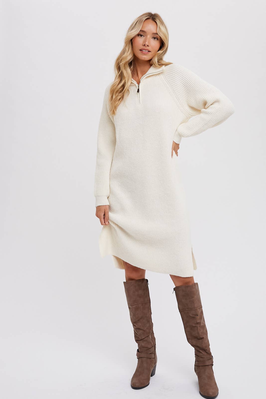 Cream Quarter-Zip Dress