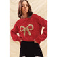 RIBBON SEQUINS CHRISTMAS HOLIDAY SWEATER TOP: LT GREY/SILVER / S