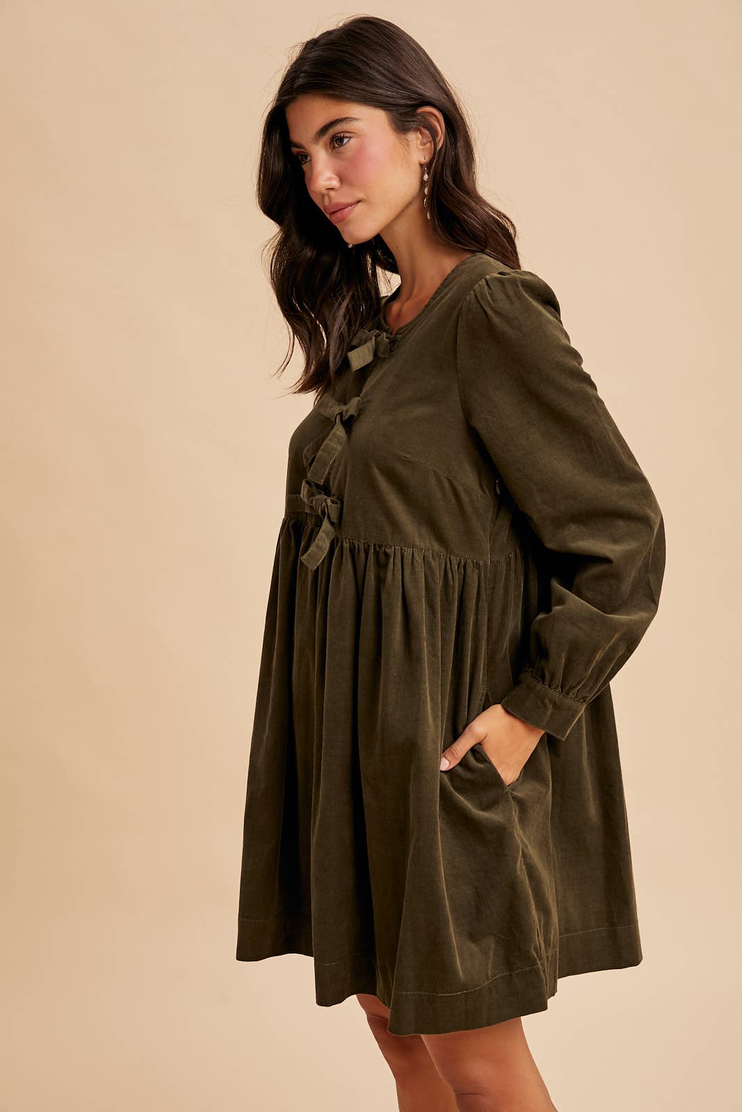 BOW TIE CORDUROY MINI DRESS: OLIVE / S
