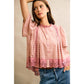 COTTON CHECK LACE TRIM FLUTTER SLEEVES BLOUSE TOP: BROWN / L
