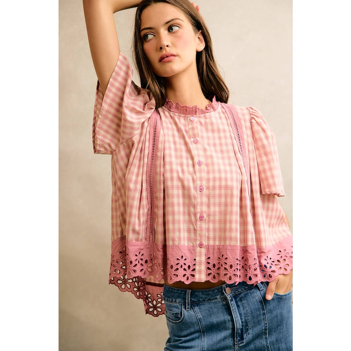 COTTON CHECK LACE TRIM FLUTTER SLEEVES BLOUSE TOP: BROWN / L