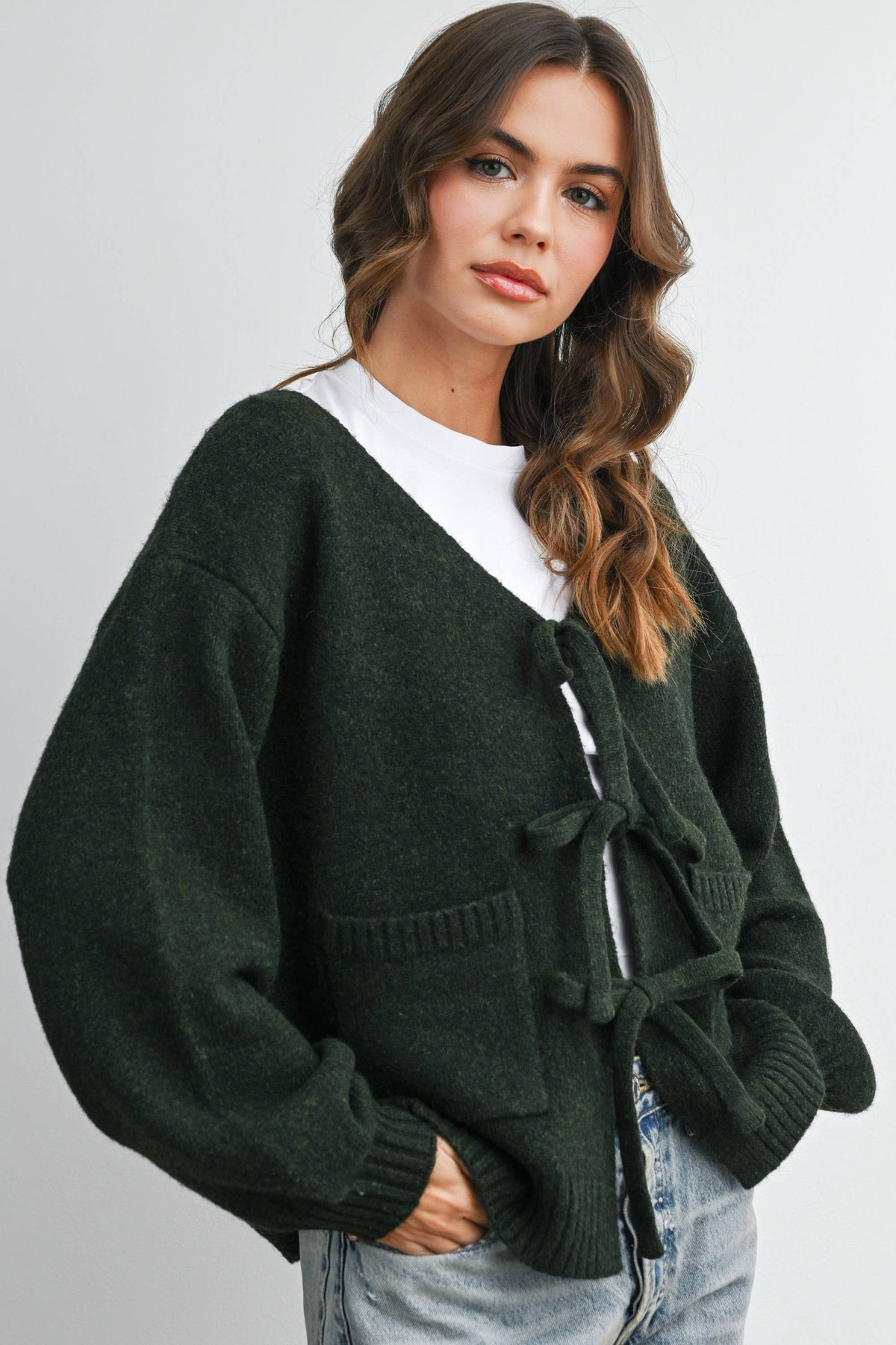 Knot Front Long Sleeve V-Neck Cardigan - BMC7914: TAUPE / S