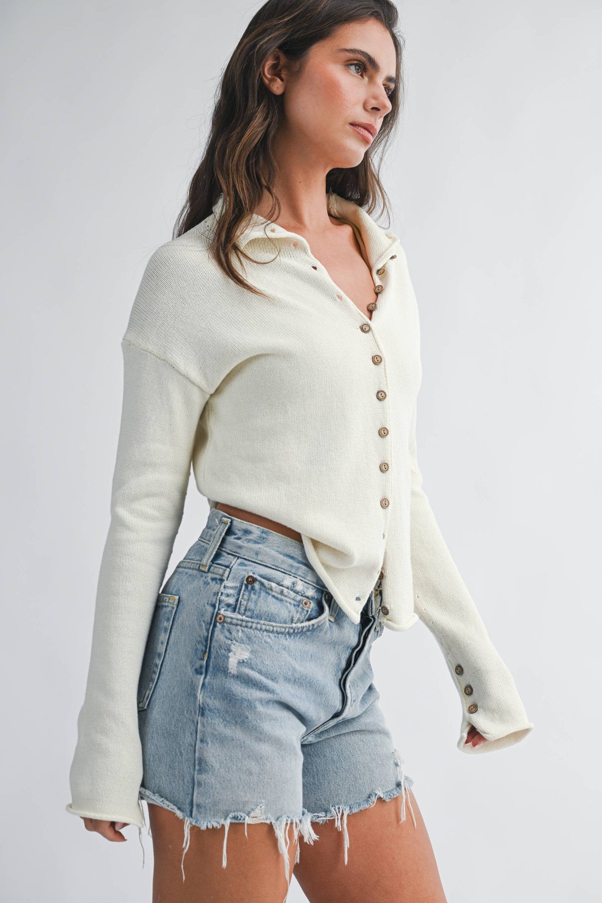 5221HK Button Front Cropped Knit Cardigan: Pink / Contemporary / S