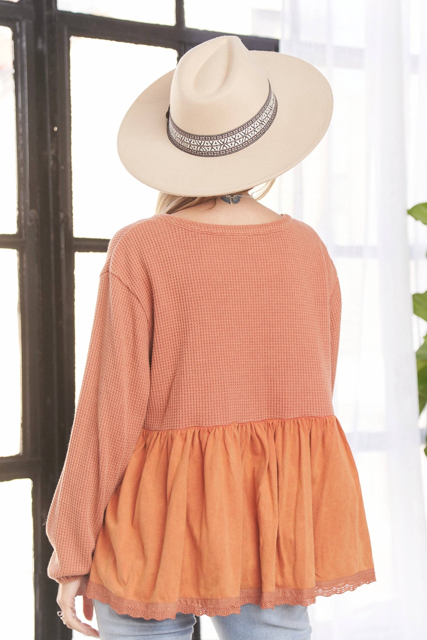 LET3678WN - MINERAL WASHED BABYDOLL TOP: OLIVE / S-M-L(2-2-2)