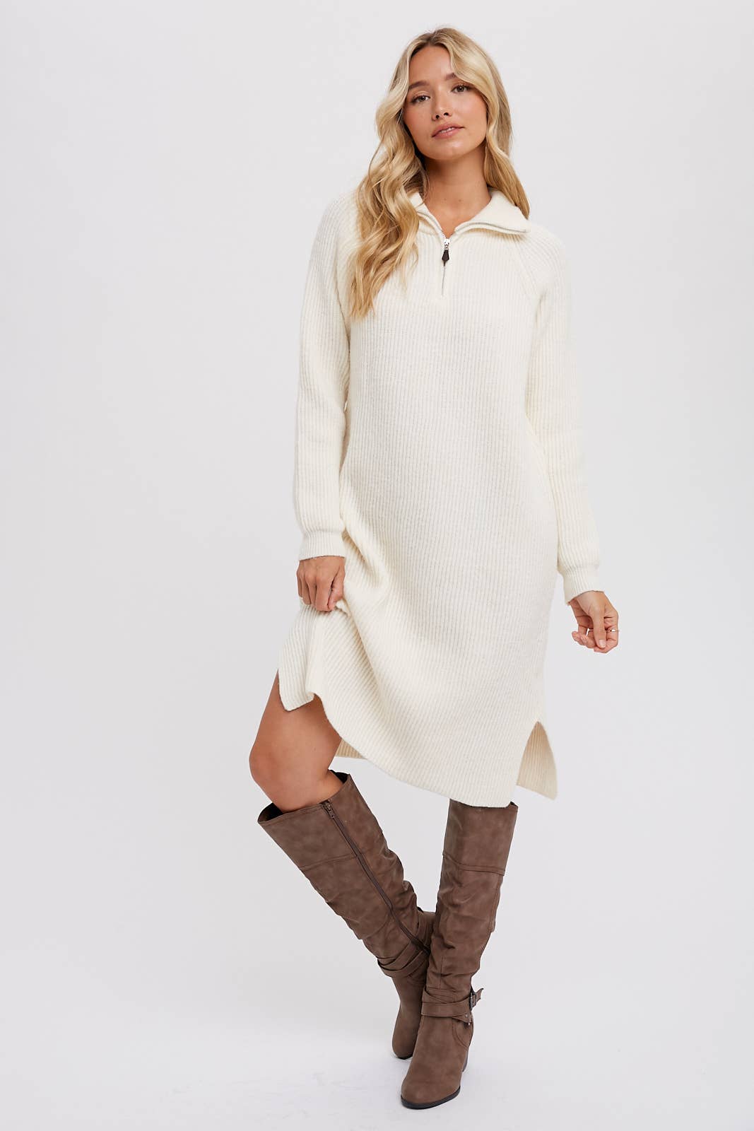 Cream Quarter-Zip Dress