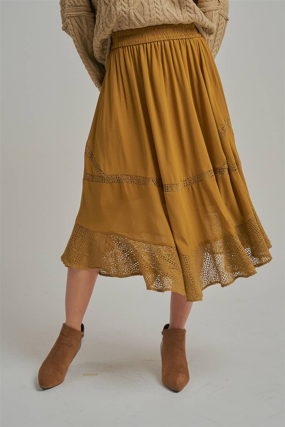 CRINKLED WOVEN BOHO MIDI SKIRT _JLB80101-01: OLIVE / S-M-L(2-2-2)
