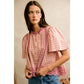 COTTON CHECK LACE TRIM FLUTTER SLEEVES BLOUSE TOP: BROWN / L