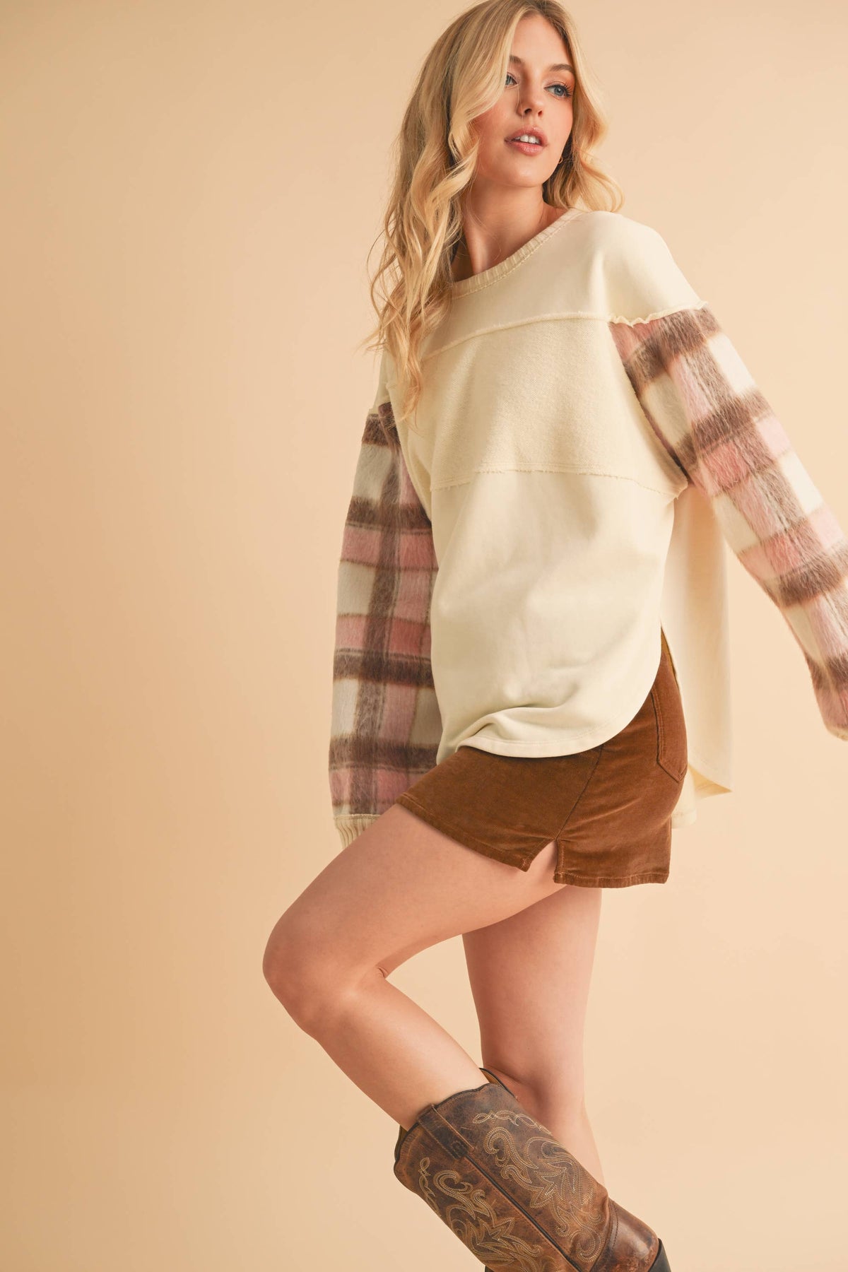 9103FK Malva Plaid Pullover Sweater: Slate Blue / Contemporary / L