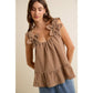 GINGHAM FLORAL APPLIQUE TIERD SLEEVELESS BLOUSE TOP: BROWN / M