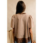 COTTON CHECK LACE TRIM FLUTTER SLEEVES BLOUSE TOP: BROWN / L