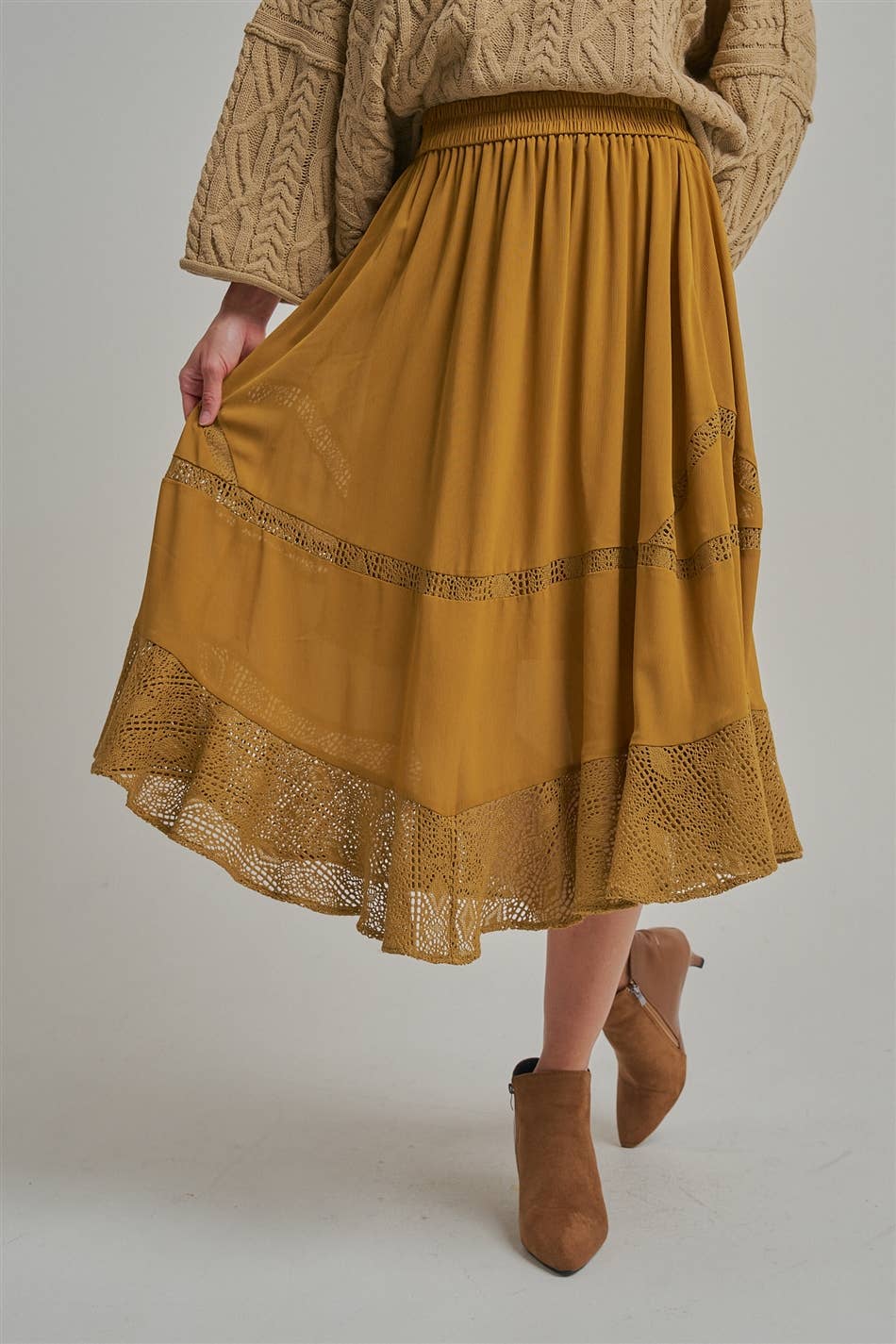CRINKLED WOVEN BOHO MIDI SKIRT _JLB80101-01: OLIVE / S-M-L(2-2-2)