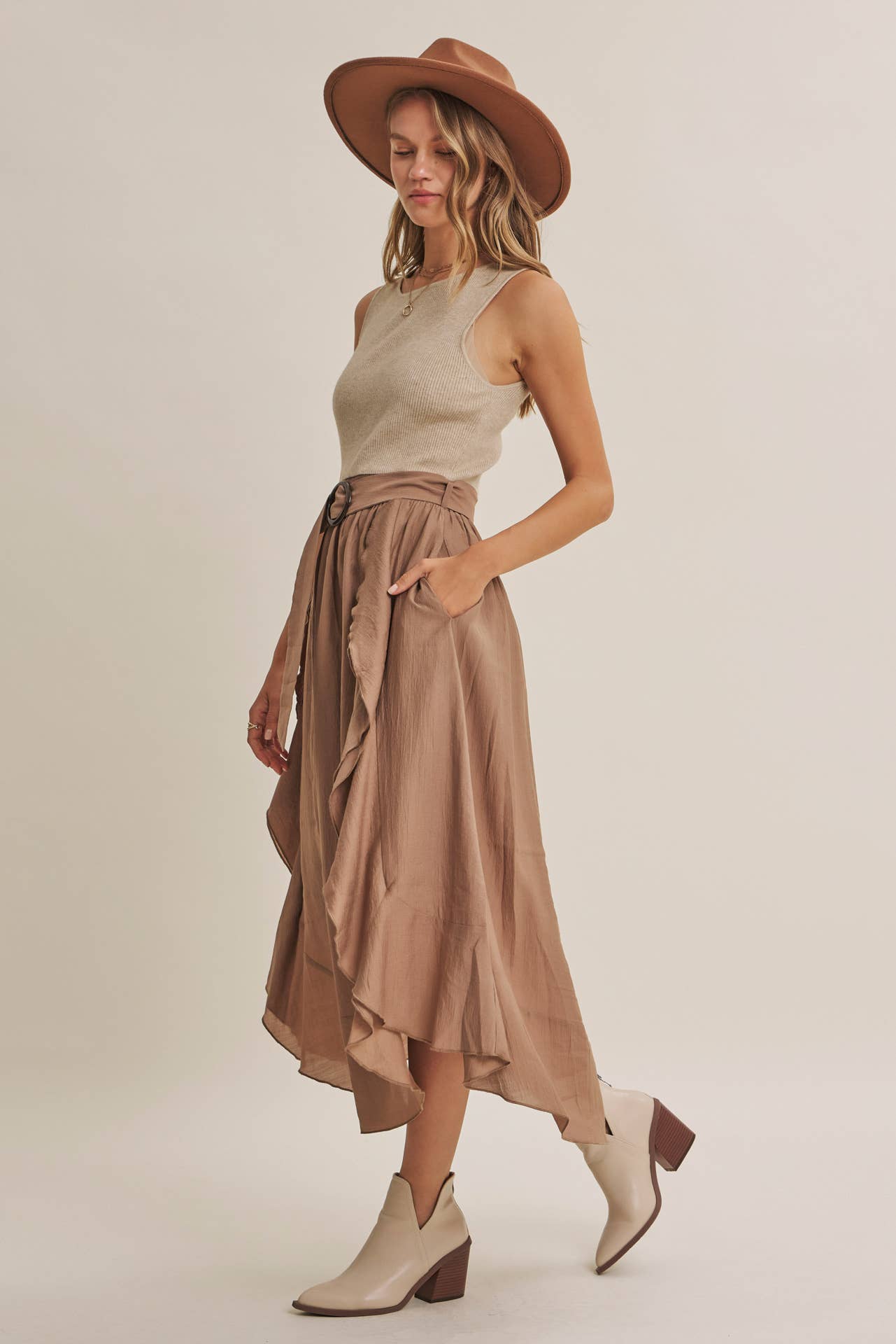 RUSTIC WEEKEND TWOFER MAXI DRESS WITH CASCADING RUFFLES: COCONUT BROWN / S