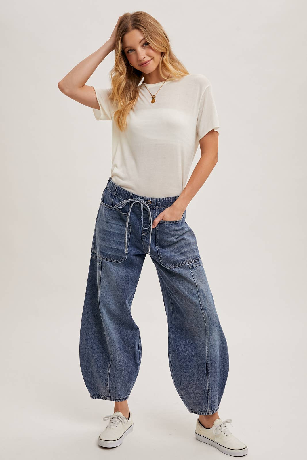 DENIM MID-WAIST DRAWSTRINGS BARREL JEANS: LT.WASH / S